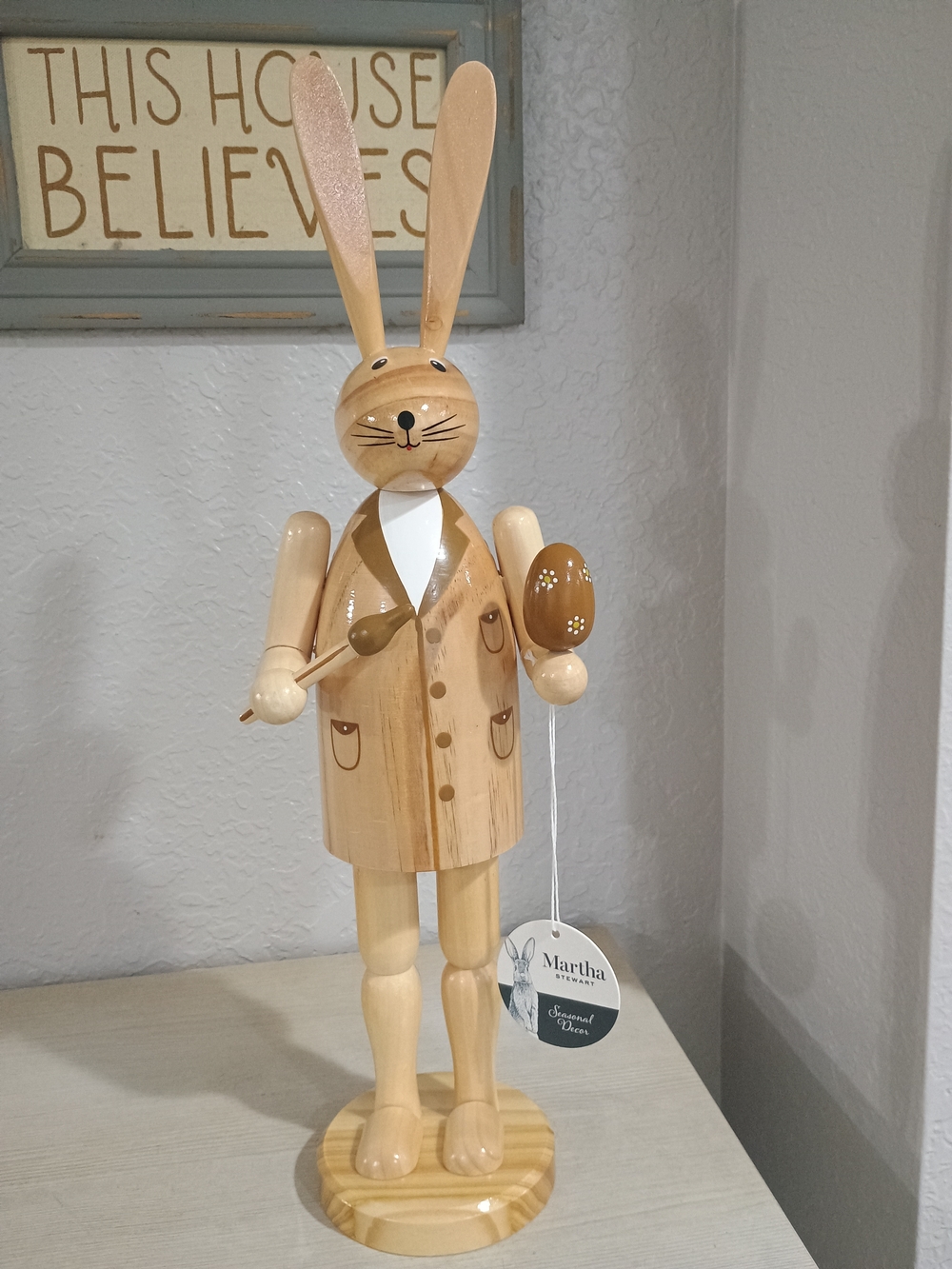 20" Martha Stewart Wooden Bunny Figurine in Natural & Brown Easter Egg